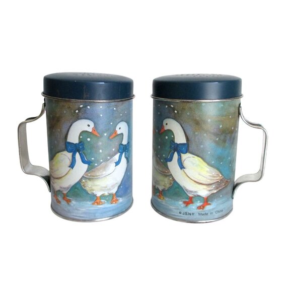 Vintage Winter Geese Salt & Pepper Shakers Set With Handles JSNY Tin Made In Chi - Picture 1 of 6
